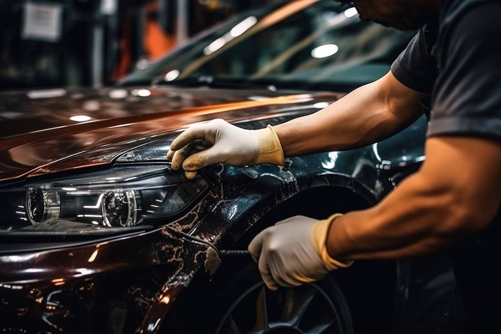 Auto body repairman fixes a car damaged in an accident or collision